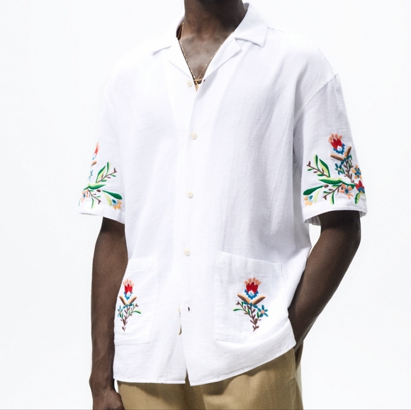Zara Shirts Nwt Zara White Floral Embroidered Cotton Camp Collar